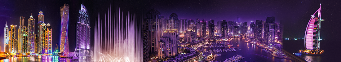 Скинали - небоскрёбы, ночь в Дубаи, фонтан Дубаи