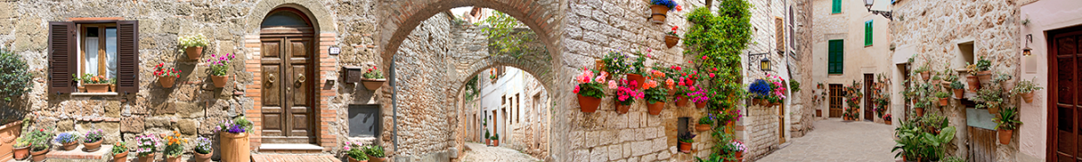 Скинали - старая улица города, цветы на стенах, каменная арка